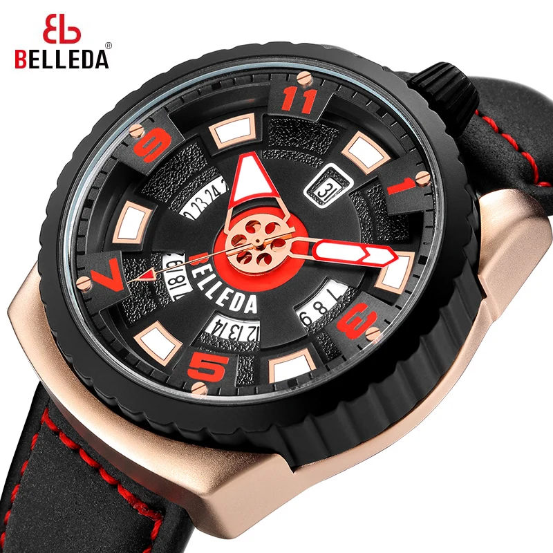 

Luxury BELLEDA Brand Mens Sports Analog Black Rubber Leather Band Quartz Rose Gold Watch Men Watches Casual WristWatches