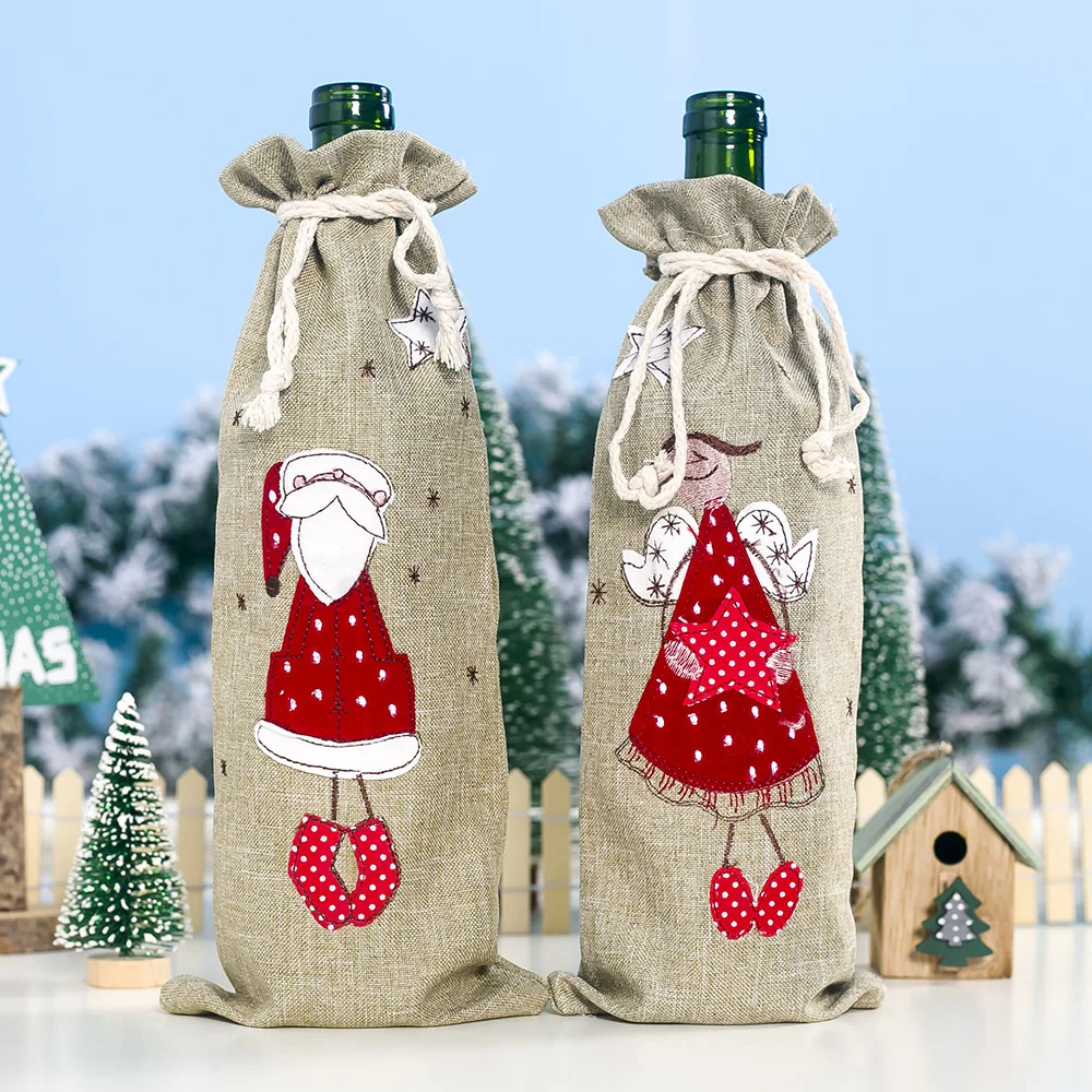 

christmas linen embroidery angel santa claus red wine bottle bags girl Champagne cover bags Xmas Home Dinner Party Table Decors