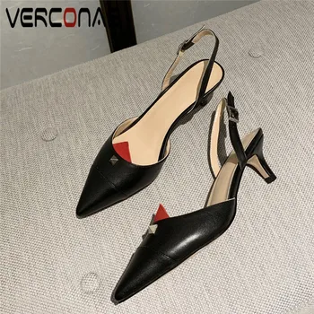 

VERCONAS Casual Woman Pumps 2020 Brand Design Genuine Leather Woman Sandals Metal Decoration Pointed Toe Thin Heels Shoes Woman