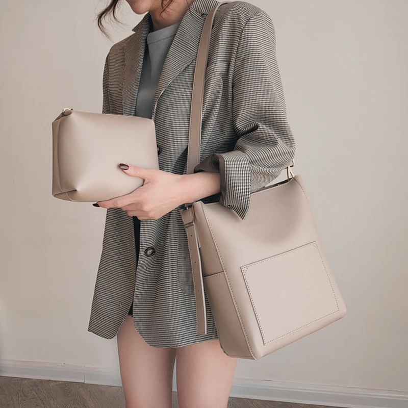 Burminsa Zipper Bucket Shoulder Bags For Women Simple Large Capacity Work Female Briefcase PU Leather Ladies Crossbody 2021 | Багаж и