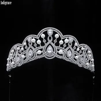 

Princess Pearls Cubic Zirconia Crown For Wedding CZ Zircon Tall Tiaras Birthday Party Crowns Pageant Bridal Hair Accessories