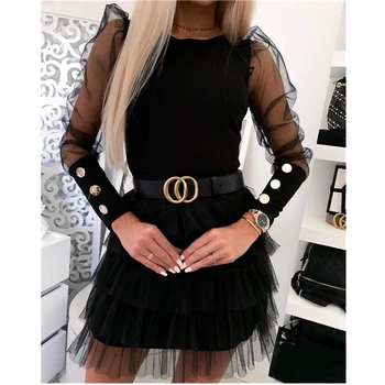 

2019 Fashion Trend Women Mesh Puff Long Sheer Sleeve Tops Pullover Casual Party Club Buttons Autumn New Slim Skinny T-shirt Tee