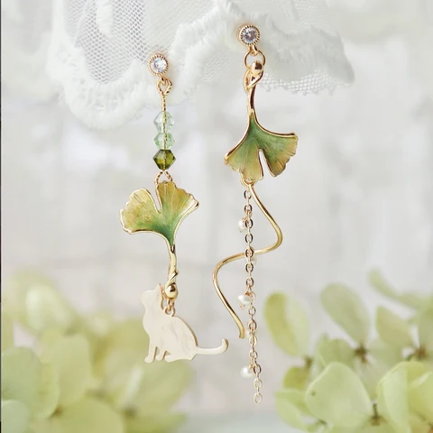 Lazy Autumn Ginkgo Cat Immortal Looks Thin Face Cute Sweet Ins Wind Earrings for Students