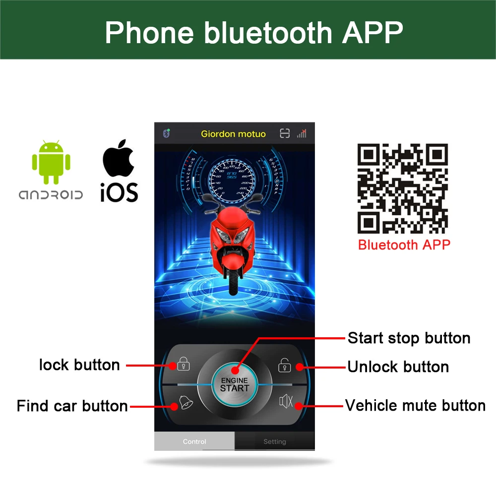 Intelligent Control Motorcycle Alarm Remote Start Keyless Mobile APP Control System Electric Engine Lock Motorbike Alarm Siren