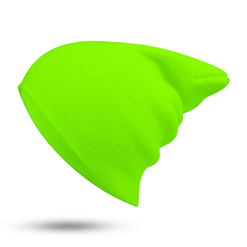 Winter Hat Beanie Plain Knitted Autumn Winter Warm Ski Cuff Cap Wool Soft Slouchy Skull Caps Beanies Men Women Street Hats - Цвет: Fluorescent green