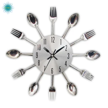 

Modern Design Kitchen Wall Clock Sliver Cutlery Clocks Spoon Fork Creative Wall Stickers Mechanism Design Home Decor Horloge