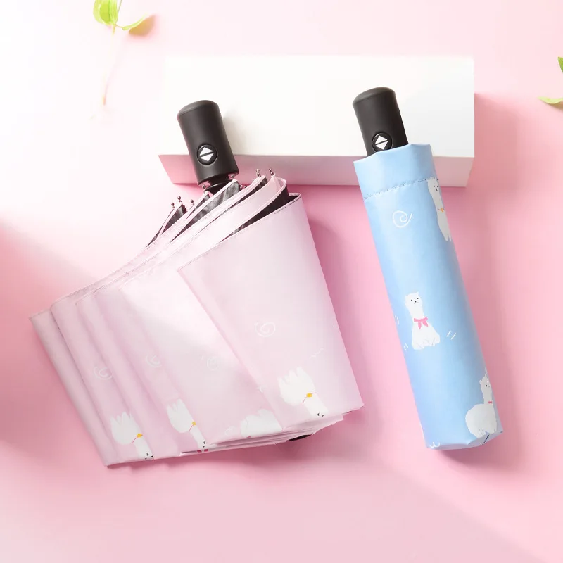

Cartoon Alpaca Automatic Vinyl Parasol Water Resistant Parasol Sun-resistant Three Fold Eight Bone Folding Umbrella
