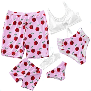 

2020 New Mommy and Me Swimsuit Family Look Pink Cheery Print Bow-knot Bikini Set Swimsuit Mom Daughter Dad and Son Beach Shorts