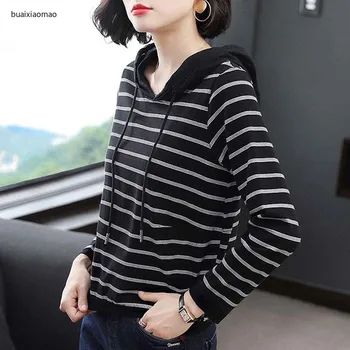 

Hoodies Women Autumn Long Sleeve Sweatshirt Female Fashion Stripe Print Pullover Femme Casual Hooded Ladies Tops