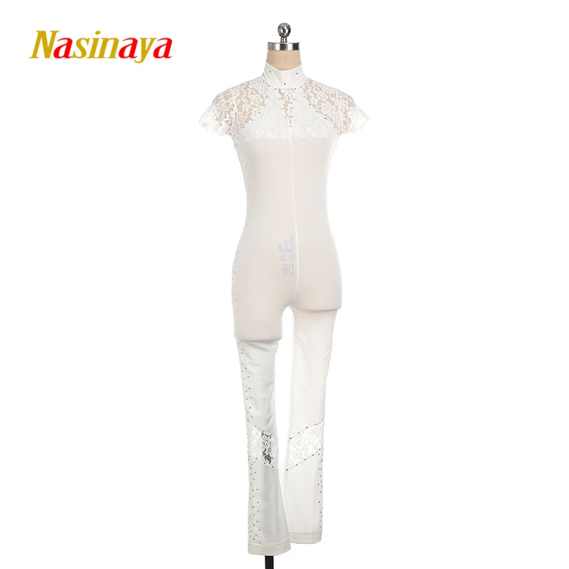 Nasinaya Girls' Figure Skating Competition Leotard Bodysuit Women's All In One Patinaje Short Sleeve Black Lace