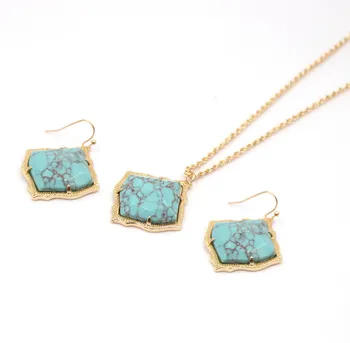 

2020 New Gold Tone Rhombus Polygon Quadrilateral Marble Faceted Stone Big Statement Necklace Pendants for Women