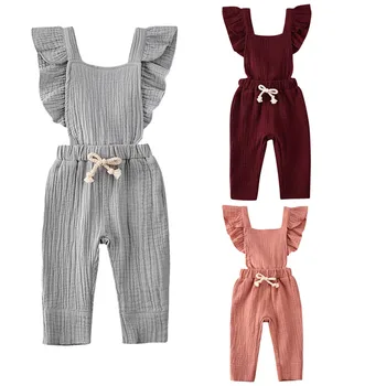 

0-3Y Newborn Kid Baby Girl Rompers Solid Ruffle Short Sleeve Belt Bib Pants Romper Overalls Cotton Outfits Clothes