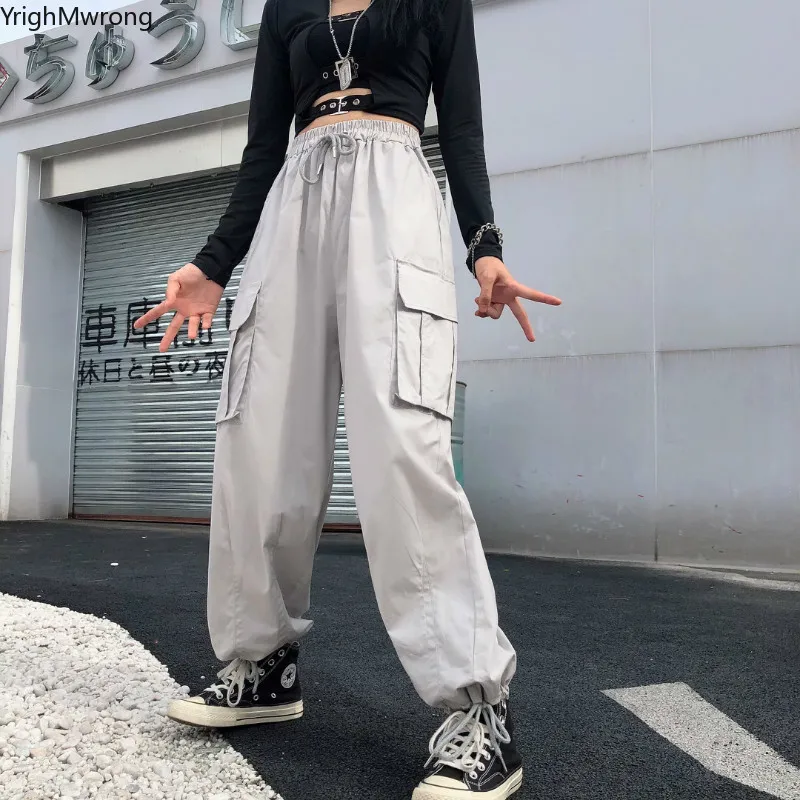 

Plus Size Loose Korean Women Man Hip Hop String High Waist Jogger Straight Cargo Pocket Windbreaker Pant Track Trouser Harajuku
