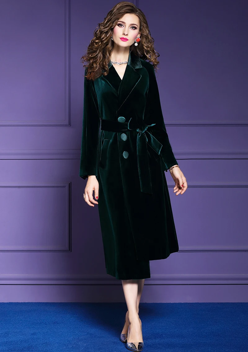 Feimengyi Velvet Trench Coat Women's Winter New Style Fold-down Collar Retro Lace-up Long Sleeve Mid-length Overcoat 21073