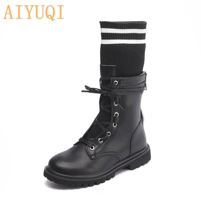 

AIYUQI Genuine Leather Sock Boots Women British Wind Round Head Martin Boots Lace Up Motorcycle Boots Women