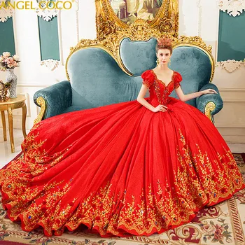شراءالأحمر الزفاف الحمل العروس حالمة الفاخرة الخامس الرقبة القصر الملكي ريترو فستان حمل فستان سهرة أنيق لفستان الحوامل