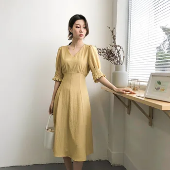 

Korean Style Plaid Fit and Flare Dress Women Summer V-neck Women's Dress