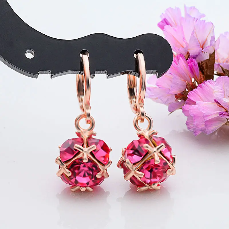

1pair Korean Gold Shiny Beautiful Ball Red Pink Cubic Zirconia Round Crystal Dangle Earrings For Women Wedding Statement Jewelry