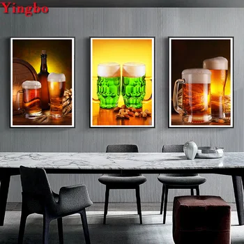 

Triptych painting 5D Diamond Embroidery Beer Glass diy diamond painting 3 pcs cross stitch mosaic picture kitchen decoration