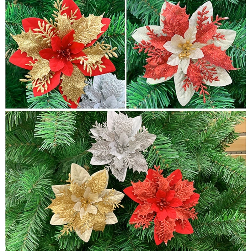 5pcs Artificial Christmas Flowers Glitter Flowers Merry Christmas Tree Decoration DIY Xmas New Year Gifts Ornament Navidad 2021