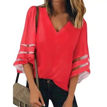 

Sexy Casual Women Clothes Solid color classic red Pattern custom ladies V Neck 3/4 Sleeve Chiffon Blouses Loose Tunic Tops