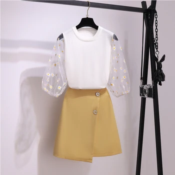 

Sweet Daisy Suits Knitted Mesh Patchwork Lantern Sleeve Top Shirt S-Line Mini Yellow Skirt Two Piece Irregular Cute Dress