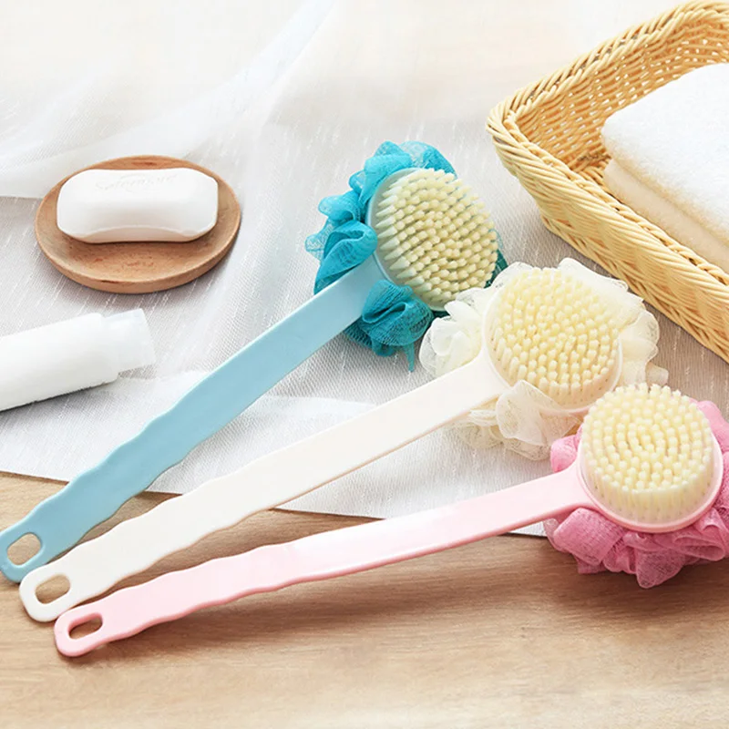 2 In1 Bath Body Brush Flower Boar Bristles Exfoliating Body Massager with Long Wooden Handle for Dry Brushing and Shower