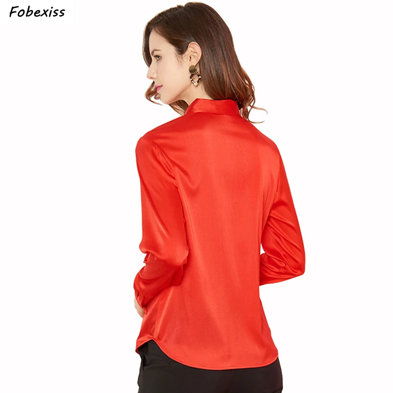 Натуральная шелковая блузка женская осень с длинным рукавом Роскошная красная шелковая офисная рубашка женская на пуговицах вниз плюс размер шелковые Сатиновые блузки блузка женская большие размеры женская одежда