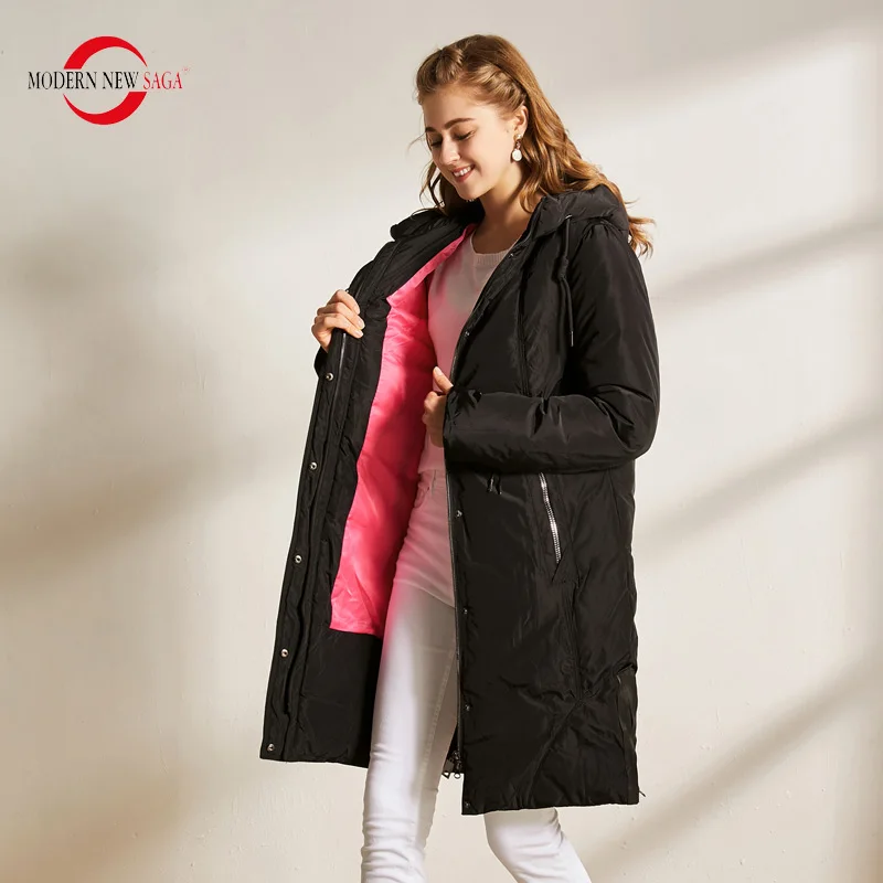 B75 Black MODERN NEW SAGA Зимнее Пальто Женское Куртка Зимняя Женская Теплые Женские Парки Стеганая Куртка С Капюшоном На Молнии Длинный Пиджак Черное Пальто Длинное Русский Размер - Цвет: B75 Black