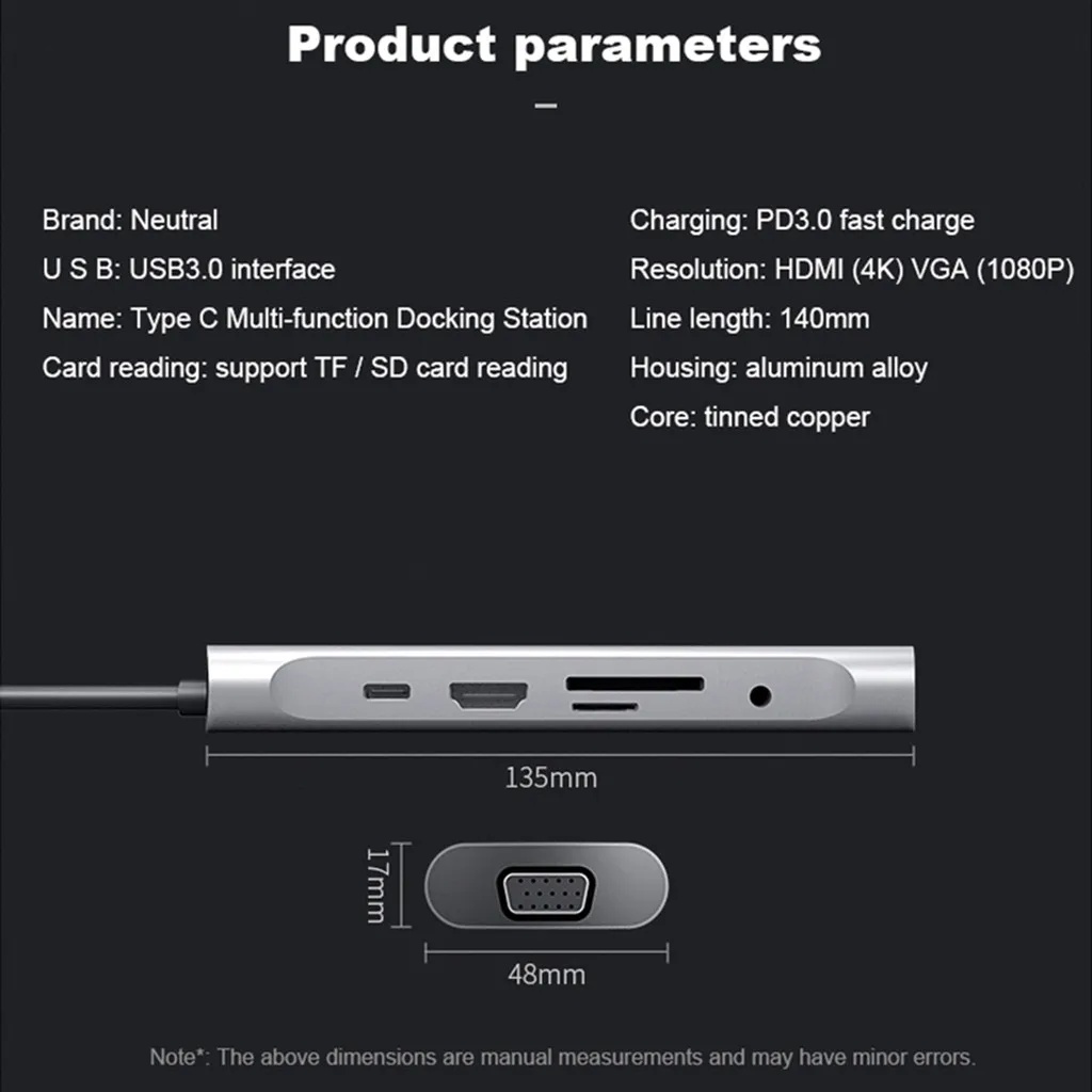 Набор контактов для тестирования 10 в 1 Тип C на HDMI многофункциональная док-станция для USB3.0 концентратор Быстрая зарядка PD VGA/RJ45/HDMI/TF/SD карты/3,5 мм аудио Порты и разъёмы
