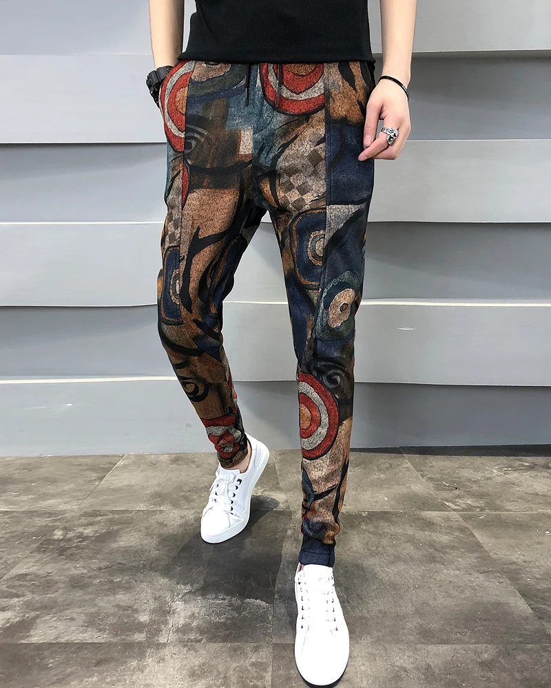Style 2 Осенне-зимние штаны с цветочным принтом, мужские плотные теплые облегающие хип-хоп брюки для бега, мужские универсальные штаны-шаровары, повседневные уличные брюки для мужчин - Цвет: Style 2