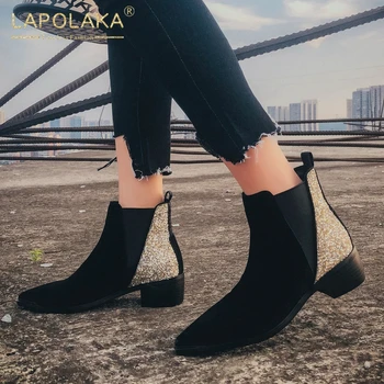 

Lapolaka 2020 New Design Big Size 43 Thick Heels Ankle Boots Woman Shoes Slip On Cow Suede Comfy Pointed Toe Fashion Boots