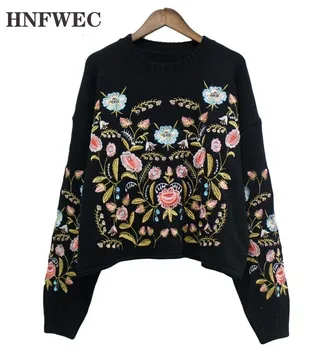 

2019 Fashion Woman Autumn Winter Pullover O-neck Floral Plants Embroidery Long Sleeve Knitting Sweater Female Tops R484