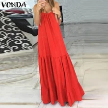 VONDA богемное женское платье, летнее сексуальное платье без рукавов на бретельках с рюшами, длинное платье макси, праздничное платье, платье размера плюс
