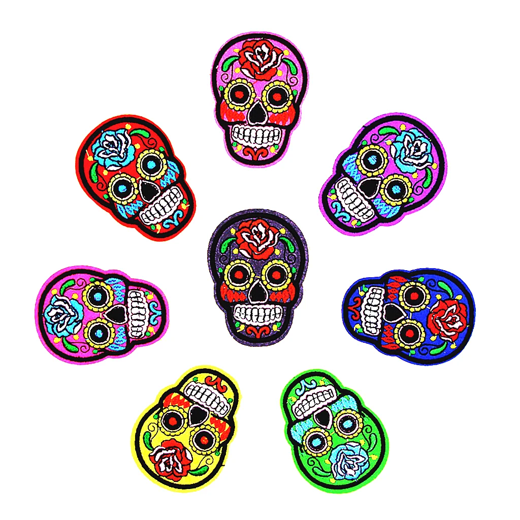 8Pcs Iron/Sew On SUGAR SKULL/DAY OF THE DEAD Motif Embroidery Patch Applique for Decorations, Clothing or DIY Crafts
