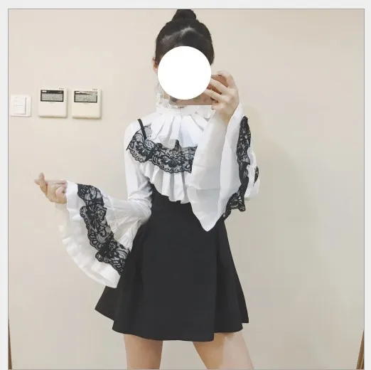 white-black lace Блузка в японском стиле из хлопка в готическом стиле, рубашка с рукавами-тюльпанами в винтажном стиле, Лолита, черный, синий, белый цвет, шифоновая кружевная рубашка, элегантные блузы - Цвет: white-black lace