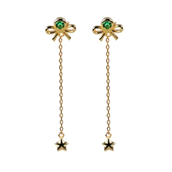 

StrollGirl 925 Sterling Silver Cute green stone Bow gold color earrings star Long Tassel Stud Earrings For Women Jewelry gift