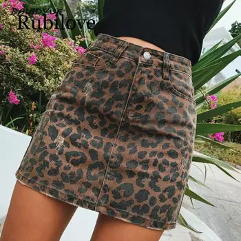 

Rubilove Sexy ripped leopard print skirts womens mini denim skirt Street wear pencil high waist skirt faldas 2019