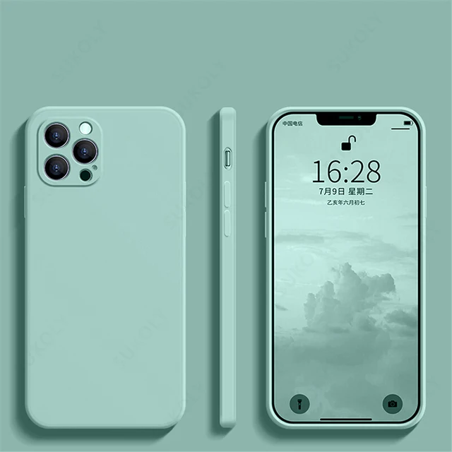 Luxury Liquid Silicone Case on For iPhone 13 11 12 Pro Max SE 2 2020 XS Max XR X 7 8 6 6S Plus Cover Soft Camera Protection Case Light cyan