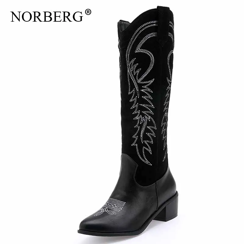 

2019 New womens bootsWestern Cowboy Boots for Women Pointy Toe Cowgirl Boots Square Heels Knee High Boots Retro Woman Shoes