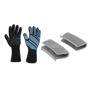 

2Pcs Extreme Heat-Resistant Kitchen Oven Mitts: 1Pcs BBQ Gloves Flexible Oven Gloves & 1Pcs Oven Grip Anti-Hot Pot Clip