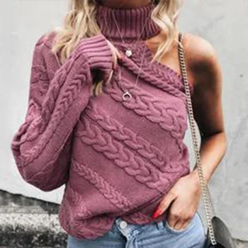 

One Shoulder Twist Knitted Female Sweater Sexy Turtleneck Long Sleeve Women's Sweaters 2020 Spring Autumn Vintage Women Pullover