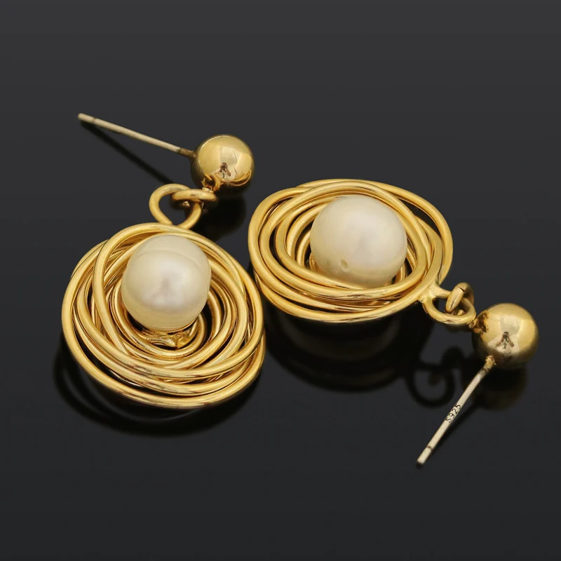 

S925 Korean Gold Matte Metal Geometric Round Natural Irregular Pearl Long Drop Earrings for Women