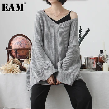 

[EAM] Gray Ovesized Thick Knitting Sweater Loose Fit V-Neck Long Sleeve Women Pullovers New Fashion Tide Spring 2020 BL813