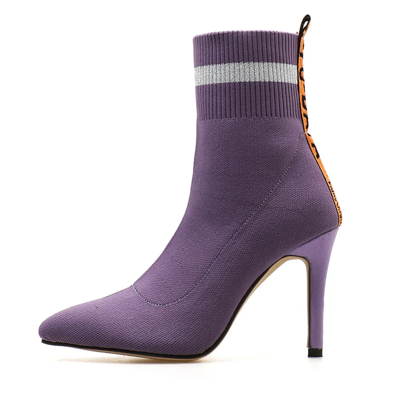 

2019 Women Purple Stretch Boots Stripper 10cm High Heels Ankle Boots Lady Combat Stiletto Heels Fetish Cool Winter Slim Shoes