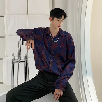 

Men Fashion Long Sleeve Loose Vintage Print Casual Shirt Male Streetwear Hip Hop Beach Flower Shirt