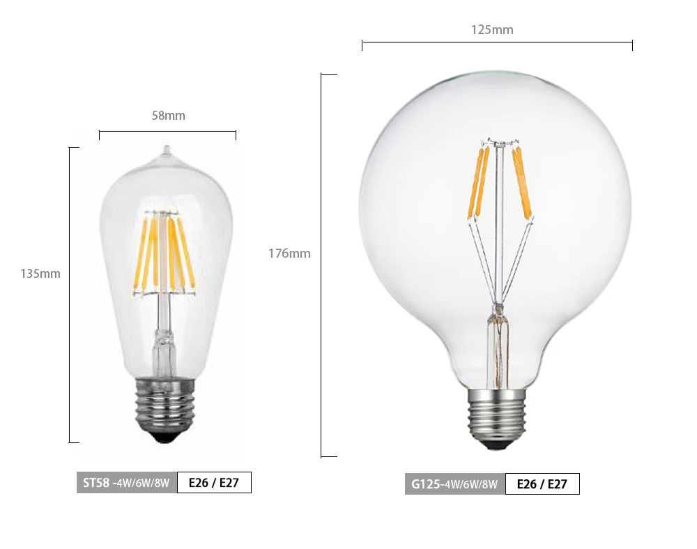 Светодиодный светильник в форме свечи E14, винтажный C35, лампа накаливания E27, лампочка эдисона, 220 В, G95, прозрачный/янтарный, 2 Вт, 4 Вт, 6 Вт, 8 Вт