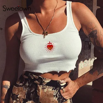 

Sweetown Heart embroidery Cute Tank Top Female Streetwear Casual Basic Knitted Crop Tops For Women Slim Sexy Workout Outfits