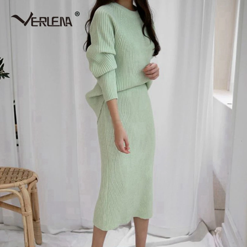 Verlena/ осенне-зимний комплект из двух предметов, вязаный джемпер с длинными рукавами, пуловер, свитер и трикотажная удлиненная юбка средней длины
