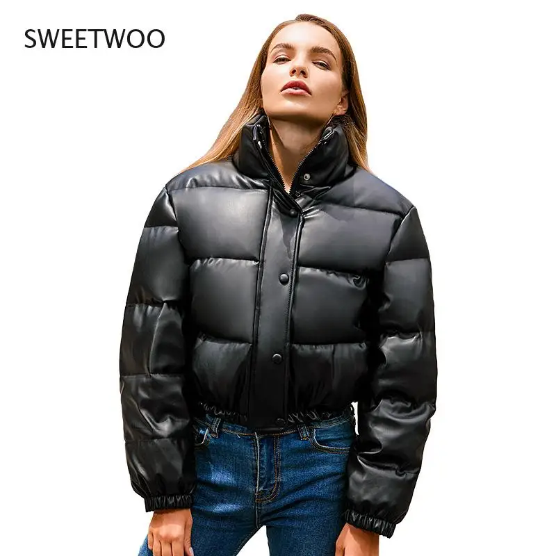 Winter Thick Warm Short Parkas Women Fashion Black Pu Leather Coats Women Elegant Zipper Cotton Jackets Female Ladies